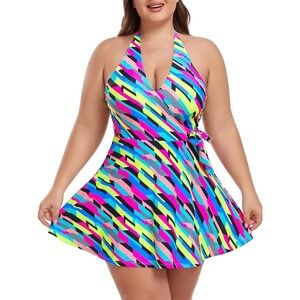 Ocean Blues Womens Plus Size Halter Neck Tummy‎ Control One Piece Swimsuit 4XL